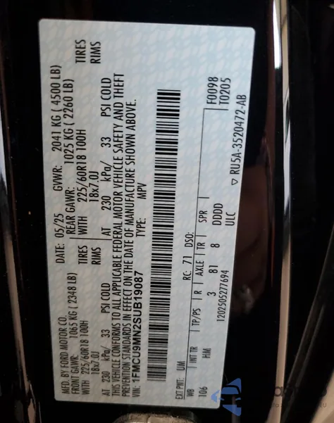 2025 Ford Escape St Line из США, поврежденный, VIN 1FMCU9MN2SUB19087